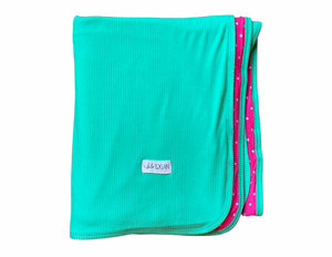 Teal Ribbed Blanket with pink polka dots