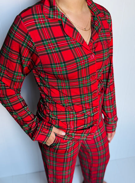 Adult Red Plaid Button Down Long Sleeve and Pants Pajama Set