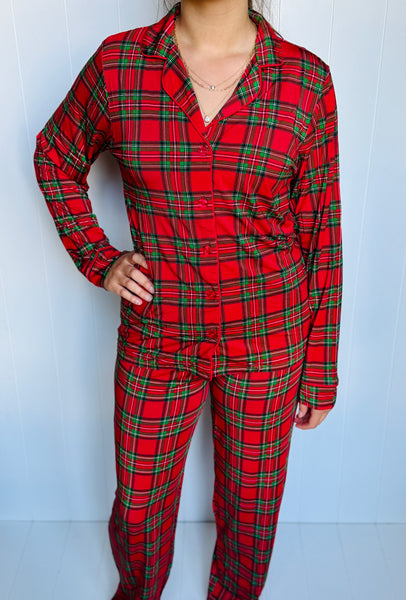 Adult Red Plaid Button Down Long Sleeve and Pants Pajama Set