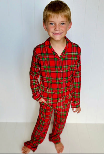 Kid's Red Plaid Two-Piece Button Down Bamboo Viscose Lounge Set