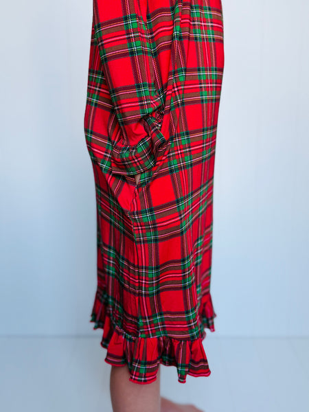 Red Plaid Bamboo Tea Length Dress (with pockets)