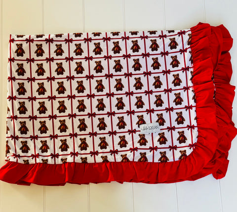 Vintage Teddy Blanket with Red backside and Ruffles