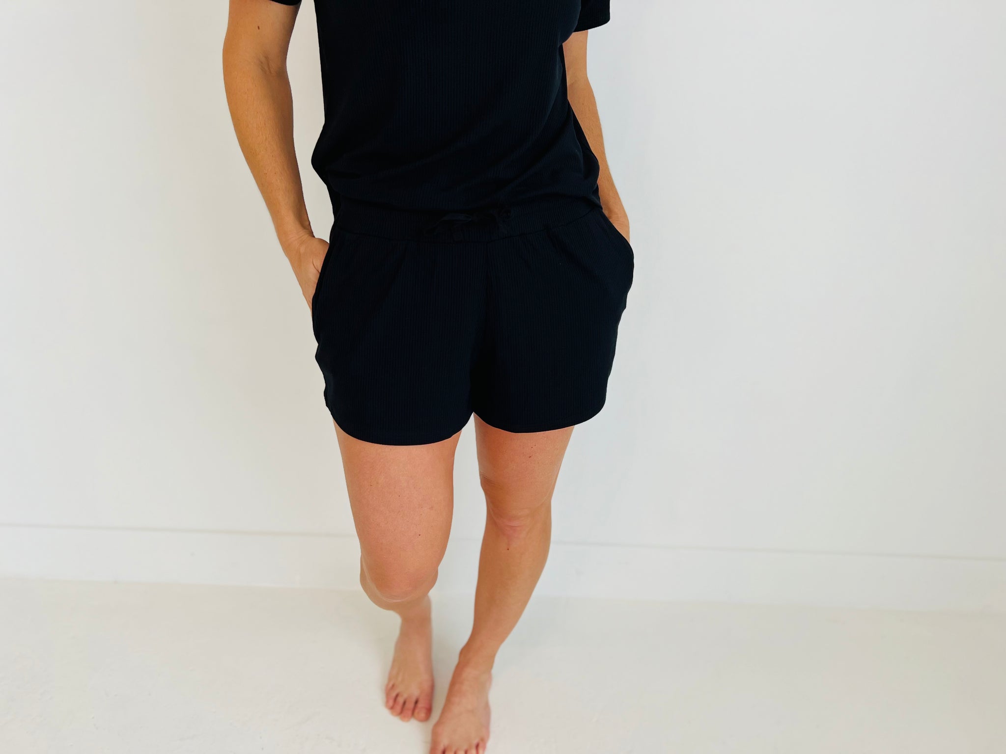 Adult (Women's)  Black Ribbed Shorts (with pockets and drawstring)