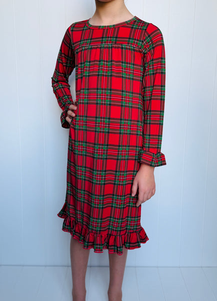Red Plaid Bamboo Tea Length Dress (with pockets)