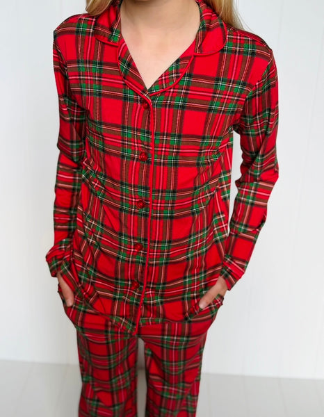 Kid's Red Plaid Two-Piece Button Down Bamboo Viscose Lounge Set
