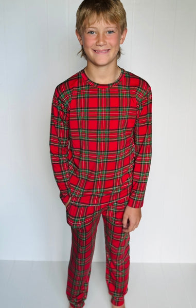 Kids Everyday Loose Red Plaid Bamboo Jogger & Long Sleeve Shirt Set