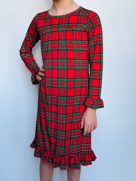 Red Plaid Bamboo Tea Length Dress (with pockets)