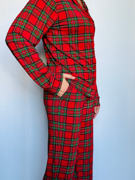 Adult Red Plaid Button Down Long Sleeve and Pants Pajama Set