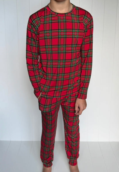 Kids Everyday Loose Red Plaid Bamboo Jogger & Long Sleeve Shirt Set