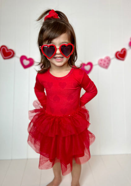 Ribbed Red Heart Dress with layered tulle