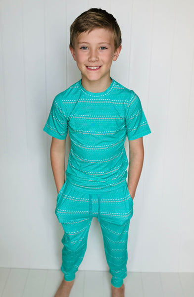 Spring Aqua/Turquoise Easter Egg Kids Everyday Loose Bamboo Jogger & Long Sleeve Shirt Set