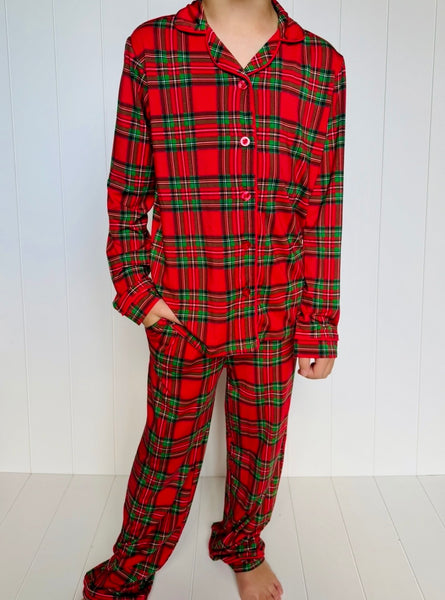 Kid's Red Plaid Two-Piece Button Down Bamboo Viscose Lounge Set