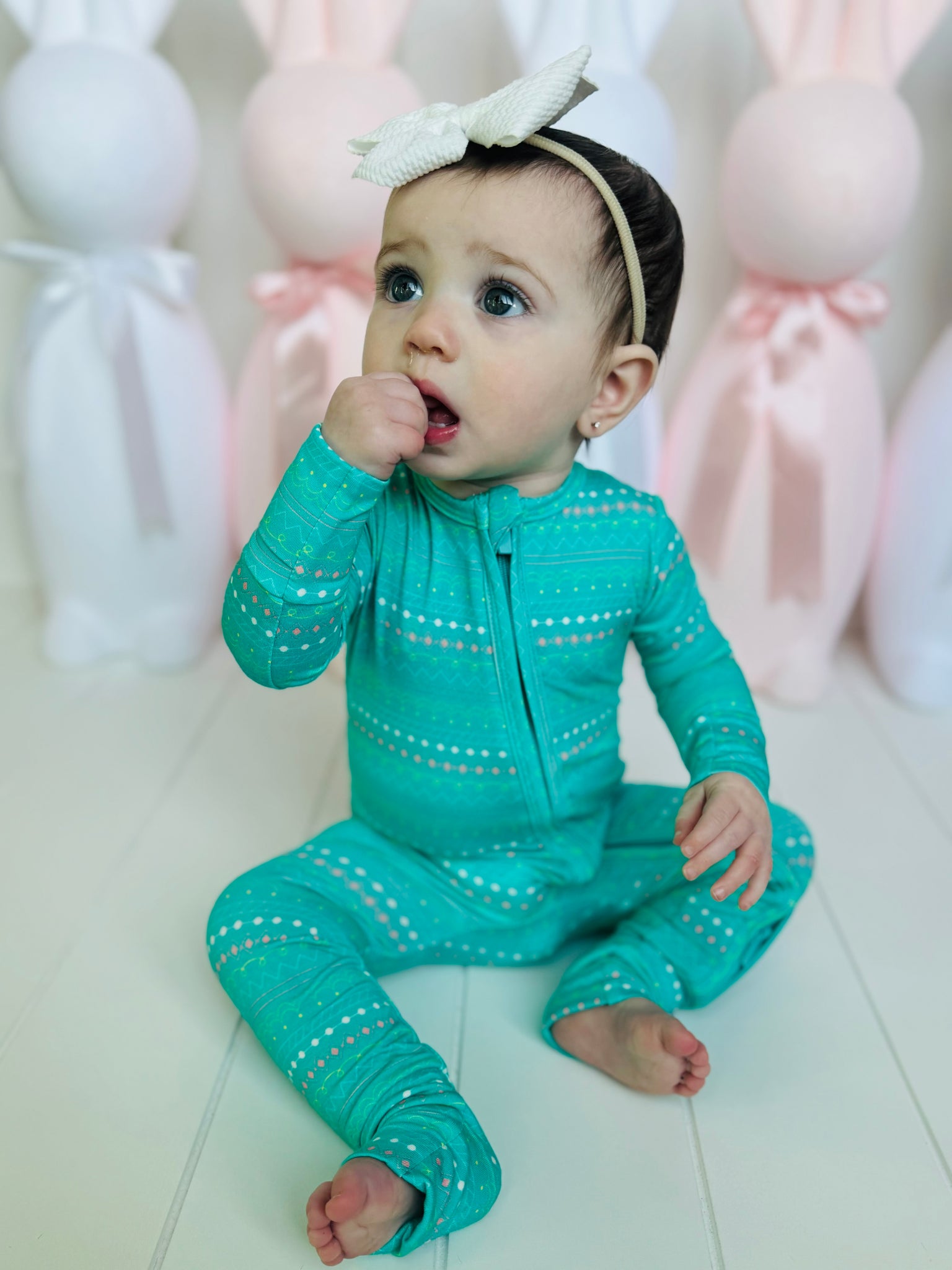Spring Aqua/Turquoise Easter Egg One-Piece Bamboo Viscose Footie/Romper
