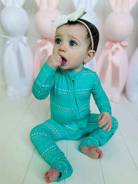 Spring Aqua/Turquoise Easter Egg One-Piece Bamboo Viscose Footie/Romper