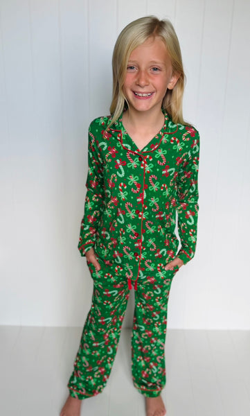 Kid's Candy Cane Two-Piece Button Down Bamboo Viscose Lounge Set
