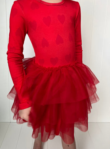 Ribbed Red Heart Dress with layered tulle