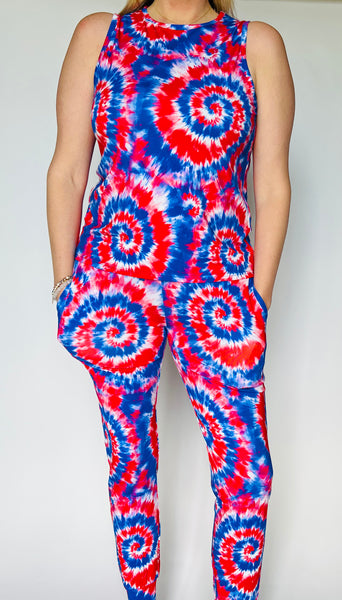 Women's Red, White and Blue Tie-Dye Bamboo Tank