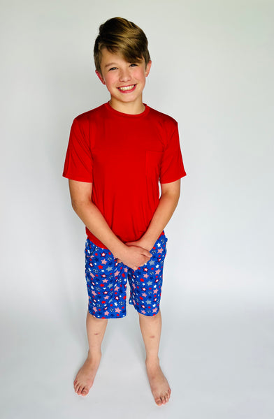 Everyday solid red T-shirt & Red, White & Blue Stars Shorts Set