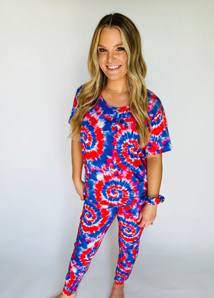 Adult Red, White and Blue Tie Dye Scoop Neck T-Shirt