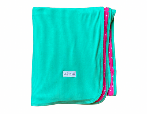 Teal Ribbed Blanket with pink polka dots