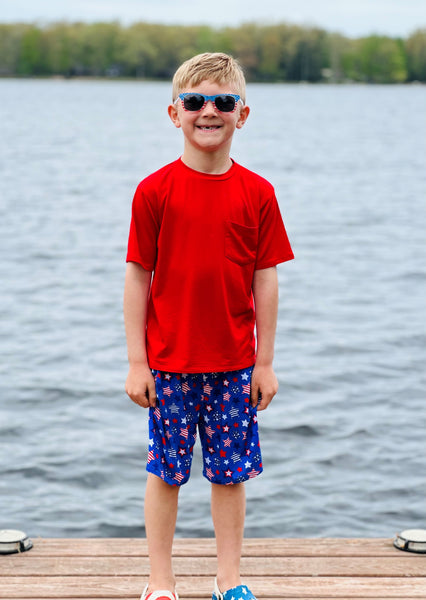 Everyday solid red T-shirt & Red, White & Blue Stars Shorts Set