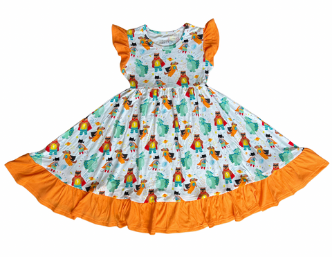 Animal Superhero ruffle sleeve Twirl Dress