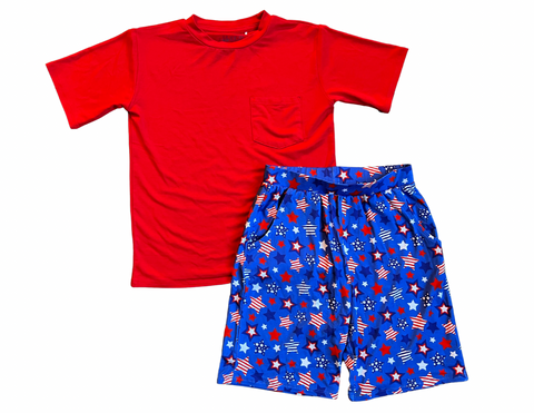 Everyday solid red T-shirt & Red, White & Blue Stars Shorts Set