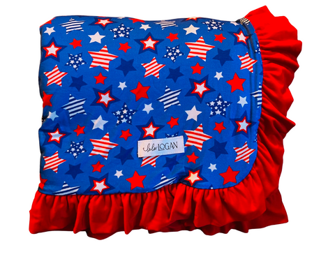 Red, White & Blue Stars Blanket with Red backside and Ruffles