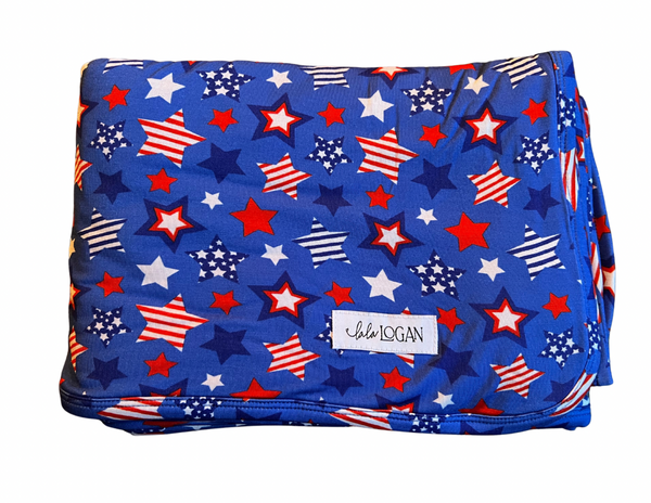 Red, White & Blue Stars Blanket with solid red backside