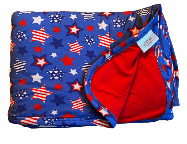 Red, White & Blue Stars Blanket with solid red backside