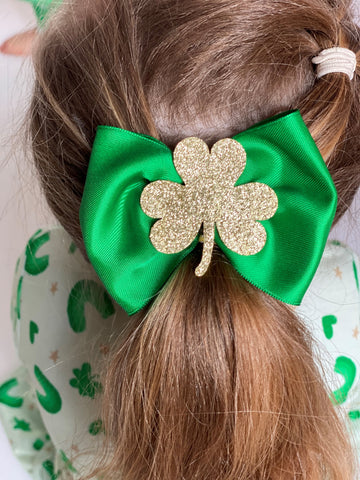 Kelly Green Bow Clip with Gold Glitter Shamrock