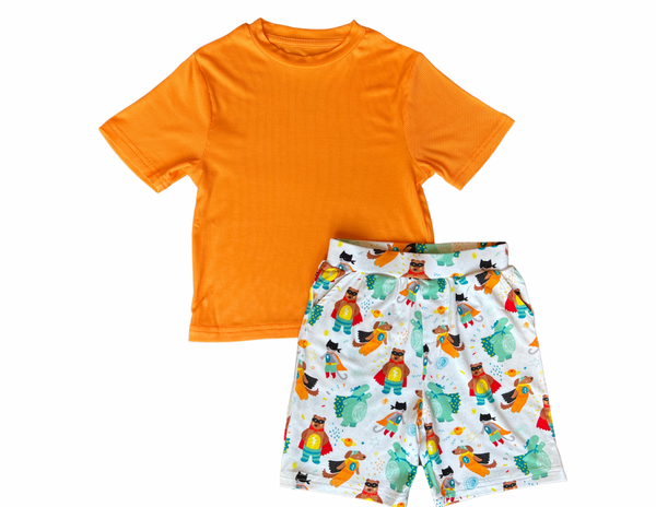 Everyday (loose fitting) Orange Ribbed T-shirt & Animal Superhero Shorts Set