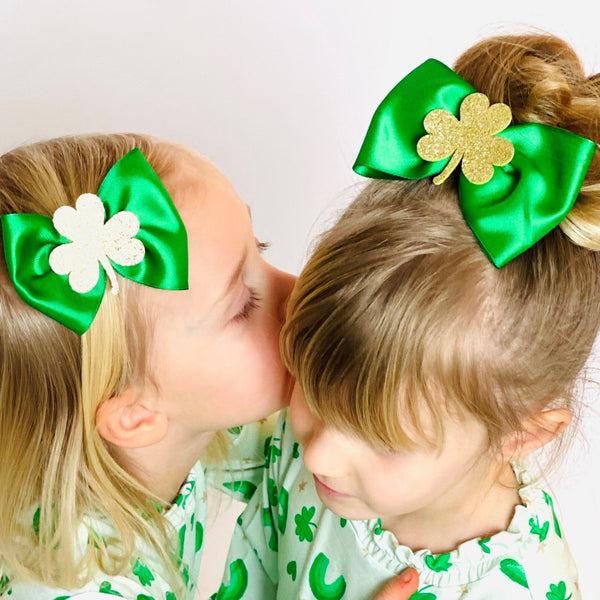 Kelly Green Bow Clip with Gold Glitter Shamrock