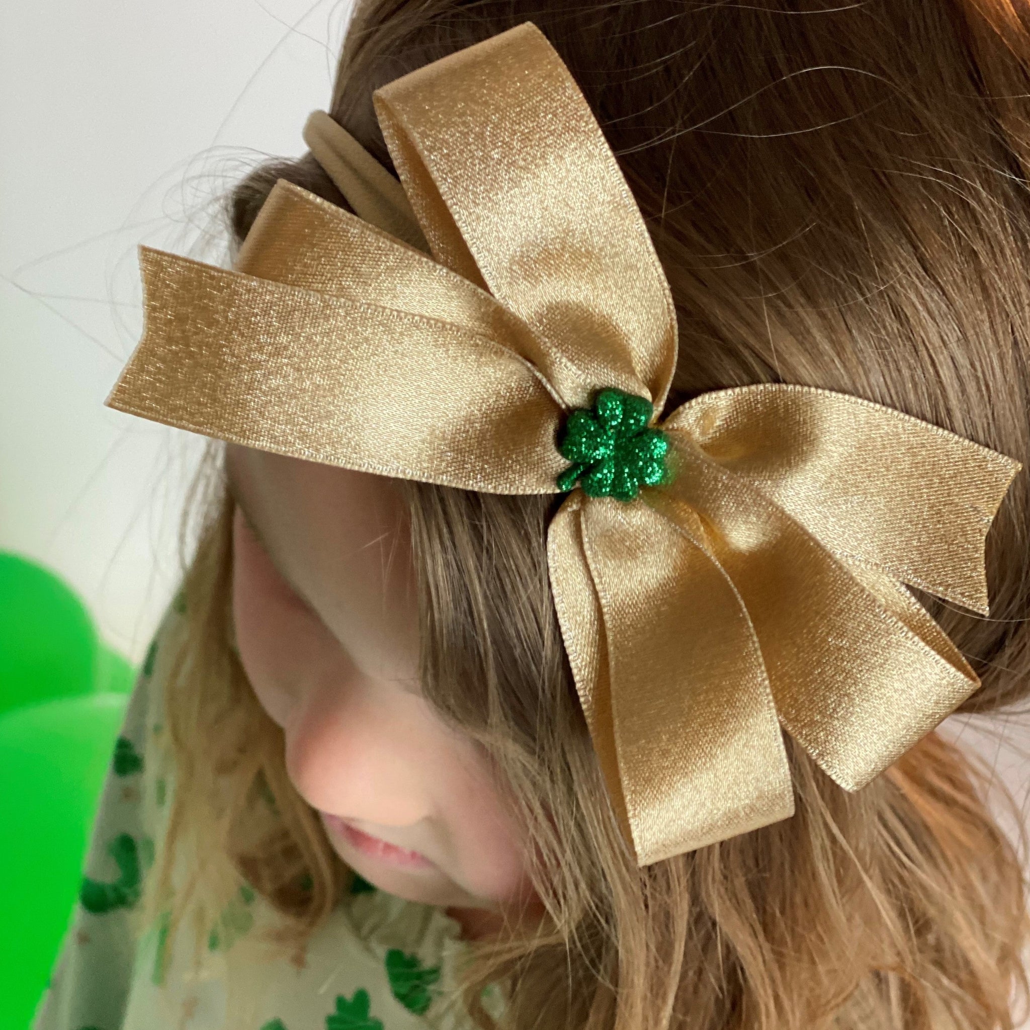 Gold Glitter Bow with small Green Shamrock Headband