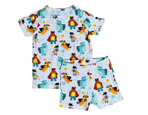 Animal Superhero Shorts & T-shirt Two-Piece Bamboo Viscose Pajama Set