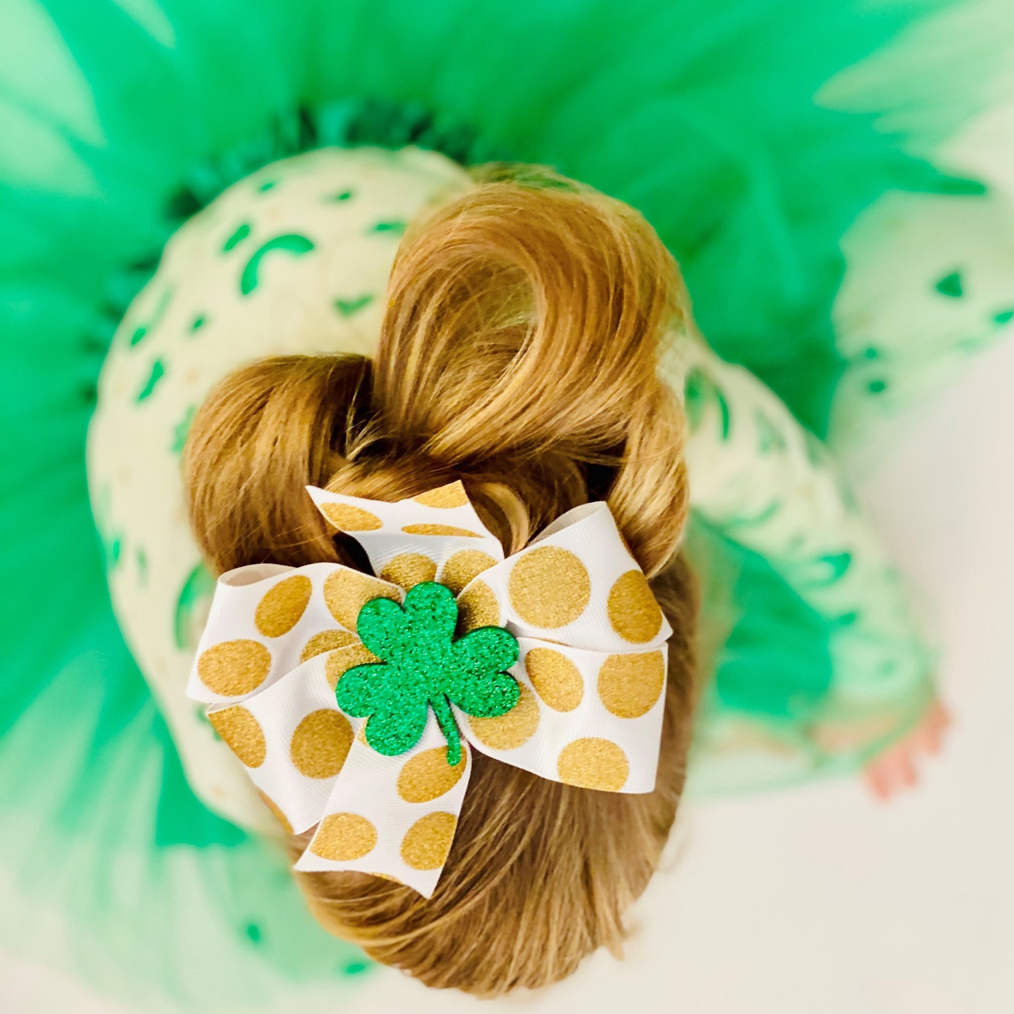 White Bow with Gold Glitter Polka Dots and a Green Glitter Shamrock Clip